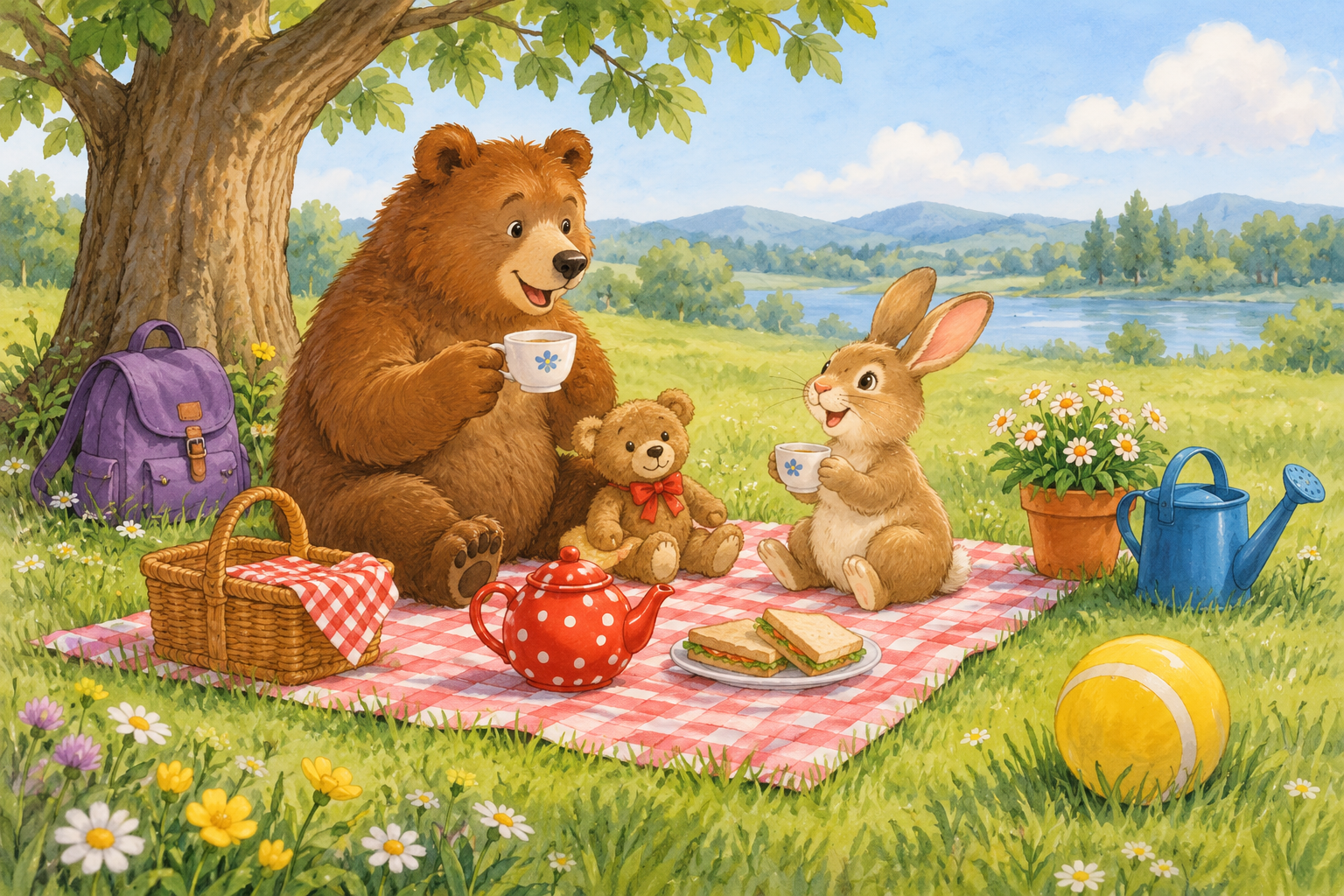 Bear and bunny picnic with objects to find